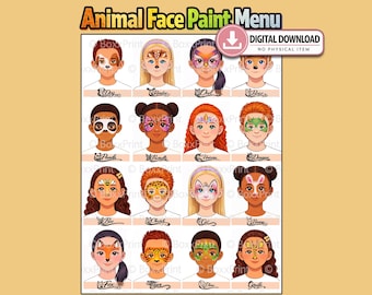 16 Simple Face Paint MENU - Face Paint Animals Designs - MENU BOARDS - Face Painting Menu