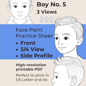Peut inclure: PDF imprimable en noir et blanc présentant trois vues du visage d'un garçon pour la pratique du maquillage. Les vues comprennent une vue de face, une vue de 3/4 et un profil. Le texte indique "Boy No. 5, 3 Views" et "Face Paint Practice Sheet."
