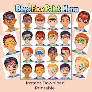 16 Face Paint MENU BOARDS for Boys – Printable Simple Face Painting Designs with Text | Spiderman, Pikachu, Sonic, Minecraft, Minion & More