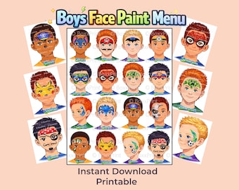 16 Face Paint MENU BOARDS for Boys – Printable Simple Face Painting Designs with Text | Spiderman, Pikachu, Sonic, Minecraft, Minion & More