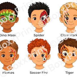Può includere: Sei illustrazioni di volti di bambini con vari disegni di trucco. I disegni includono una maschera di dinosauro verde, un ragno rosso e nero, segni di artigli, fiamme, un pallone da calcio con fiamme e una tigre. Ogni disegno è etichettato.