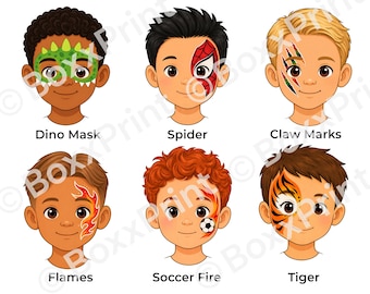 Einfaches Face Paint Menü für Jungs| Face Painting | 6 Designs – Spiderman, Dino, Tiger & mehr