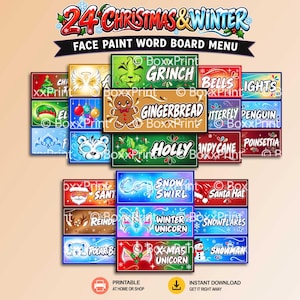 Könnte beinhalten: Ein 24 Christmas & Winter Gesichtsmalerei-Worttafel-Menü mit rechteckigen Karten, die farbenfrohe Illustrationen und Textbeschriftungen für Designs wie Grinch, Gingerbread, Holly, Snow Swirl, Winter Unicorn und X-Mas Unicorn für Feiertage zeigen.