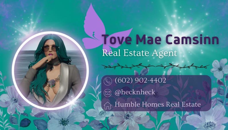 May include: A teal business card with a woman's image in a white circle, the name "Tove Mae Camsinn" and "Real Estate Agent" are displayed. A purple butterfly and floral accents decorate the card. Contact information is also included.