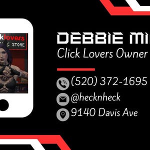 May include: Business card design with a black and red background. The card features the name "DEBBIE MILLER" and contact information, including a phone number, email, and address. A smartphone graphic displays a woman in a lingerie store.