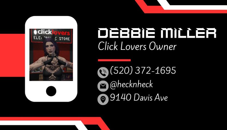 May include: Business card design with a black and red background. The card features the name "DEBBIE MILLER" and contact information, including a phone number, email, and address. A smartphone graphic displays a woman in a lingerie store.