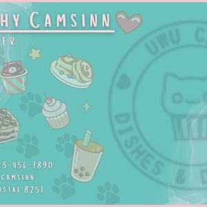 May include: A teal business card with a pink border features the name "Murphy Camsinn" and "Manager." It includes illustrated desserts and drinks, paw prints, and the text "UWU CAFE Dishes & Desserts."