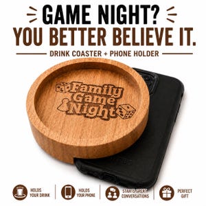 Family Game Night Coasters Set of 2 or 4, Wooden Dice Beverage Holders, Tabletop Gaming Decor, Entertainment Room Accessories,Unplugged Gift