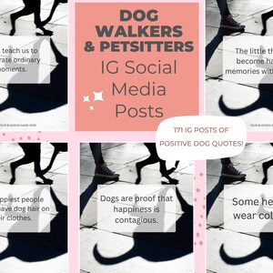 May include: A digital collection of 171 social media posts for dog walkers and petsitters. The graphics feature shadows of people and dogs on pavement with text overlays including quotes like Dogs teach us to celebrate ordinary moments.