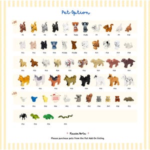 May include: A collection of small plastic animal figurines arranged in rows, labelled P1 through P55. The set includes various cats, dogs, birds, and other creatures in diverse colours and poses. Text includes Pet Option, coming soon, and Please Note.