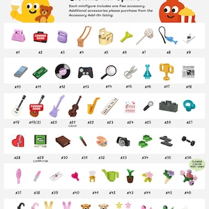 May include: An image displaying a range of miniature accessories, such as musical instruments, food items, and tools. The image features a variety of colours and designs, with text indicating customization options and accessory details. The accessories are labelled A1 to A56.