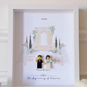 Peut inclure: Un cadre blanc en forme de boîte contenant une illustration à l'aquarelle d'une arche de mariage et de sièges, avec deux figurines en plastique habillées en mariés. Le texte indique 2025, Mason, Elora et The Beginning of Forever.