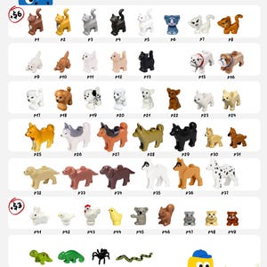 Puede incluir: Una colección de pequeñas figuras de animales de plástico dispuestas en filas, etiquetadas de P1 a P53. El conjunto incluye varios gatos, perros, conejos, pájaros, un pollo, un koala, una ardilla, una tortuga, un camaleón, una araña y una serpiente.