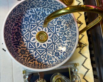 Hand-Painted Moroccan Ceramic Sink, Mint Blue & Ivory, glossy surface with intricate arabesque patterns