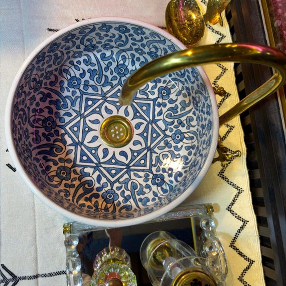 Hand-Painted Moroccan Ceramic Sink, Mint Blue & Ivory, glossy surface with intricate arabesque patterns