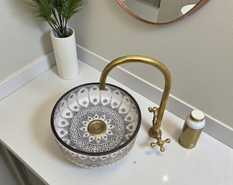 Washbasin Ceramic Sink, Black & White Moroccan Vessel Basin, Handmade Bathroom Sink + gift