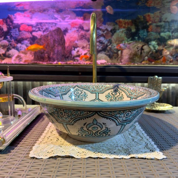Moroccan ceramic bathroom sink, Turquoise and ivory farmhouse sink.