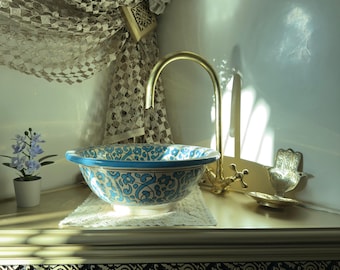 Handcrafted Moroccan Ceramic Vessel Sink, Blue Floral Design with Brass Drain