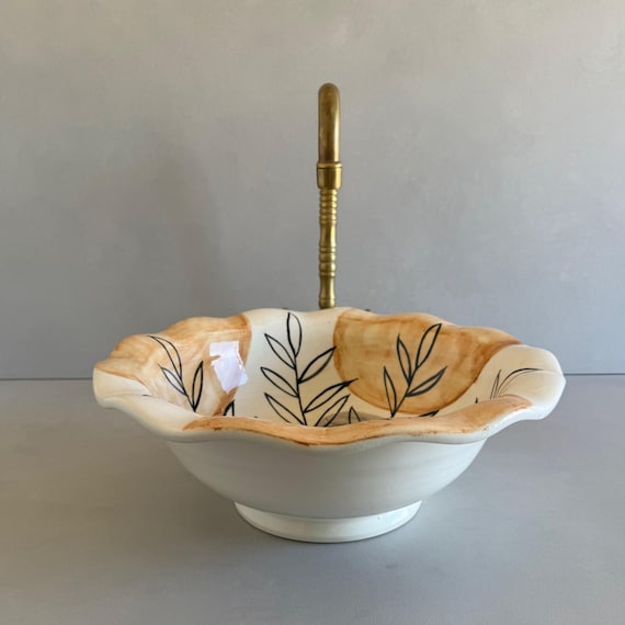 Handmade Moroccan Ceramic Vessel Sink, Beige Botanical Leaf Design, Scalloped Bathroom Basin