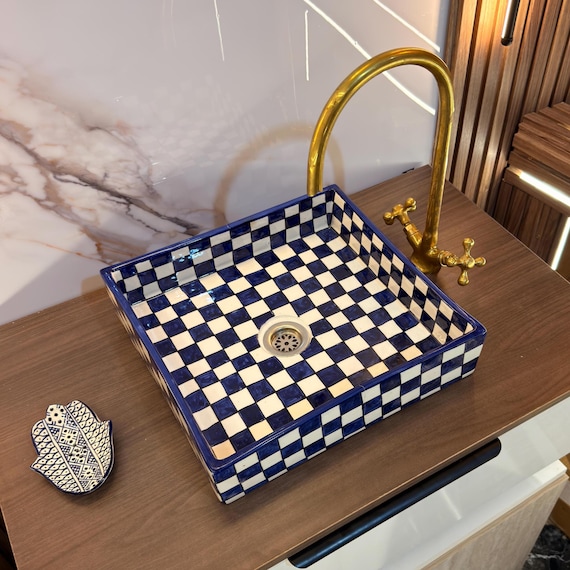 Unique Handmade Moroccan Square Sink – Blue Ceramic Checkered Lavabo with Glazed Artistic Vessel Design.