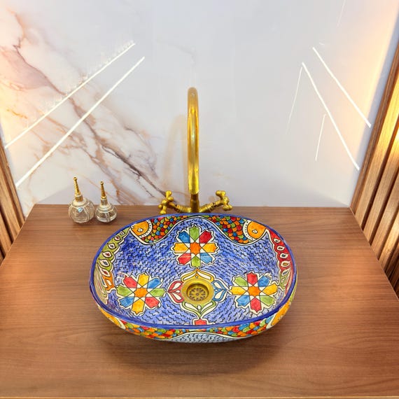 Colorful Moroccan Oval Ceramic Sink - Hand Painted Decorative Basin - Blue Vessel Sink .