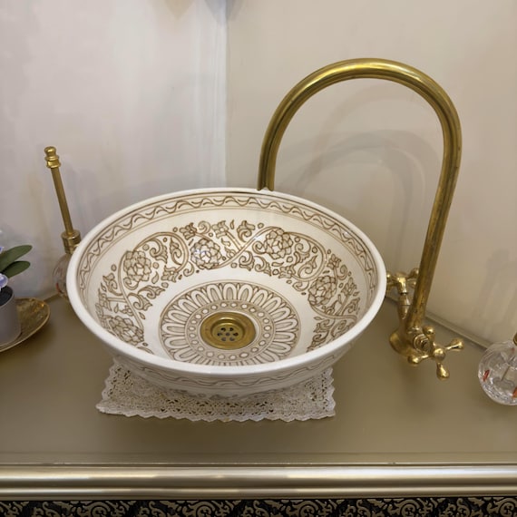 Hand‑Painted Moroccan Ceramic Sink Bowl – Beige and Brown Floral Vessel Basin