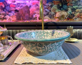 Moroccan Ceramic Sink, Turquoise and ivory Floral Design with Brass Drain.