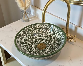Green Ceramic Hand waschbecken, Drop In Vessel Sink Vanity for Bathroom Cabinet, Free Gift