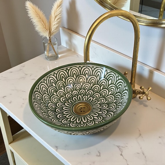 Green Ceramic Hand waschbecken, Drop In Vessel Sink Vanity for Bathroom Cabinet, Free Gift