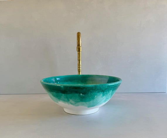 Unique Turquoise Green Moroccan Ceramic Sink, Artisan Glazed Bathroom Sink, Round Countertop Washbasin