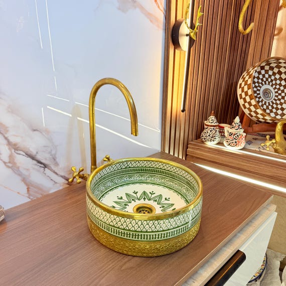 Green Moroccan Ceramic Vessel Sink – Hand-Painted Floral Design, Brass Rim