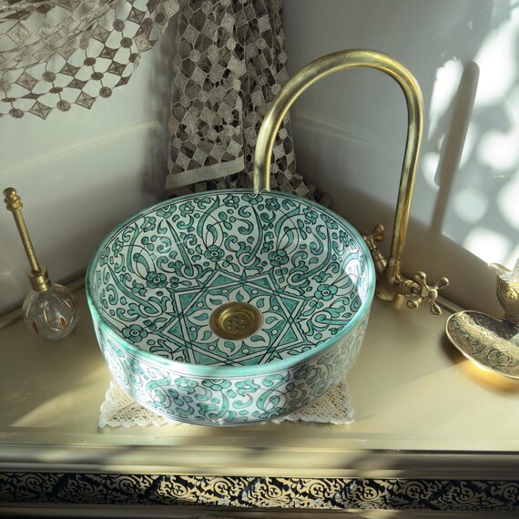 Moroccan Turquoise-Green Ceramic Vessel Sink, Handmade Bathroom Art Piece