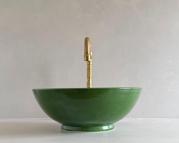 Emerald Green Ceramic Vessel Sink, Handmade Moroccan Bathroom Basin, Unique Mediterranean Vanity Decor