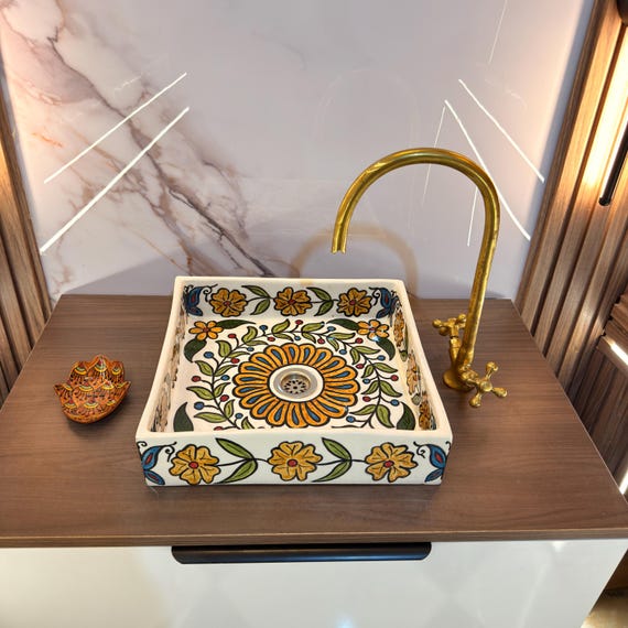 Square Hand‑Painted Moroccan Floral Ceramic Sink.