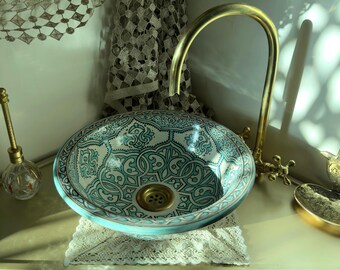 Moroccan ceramic bathroom sink, Turquoise and ivory farmhouse sink.