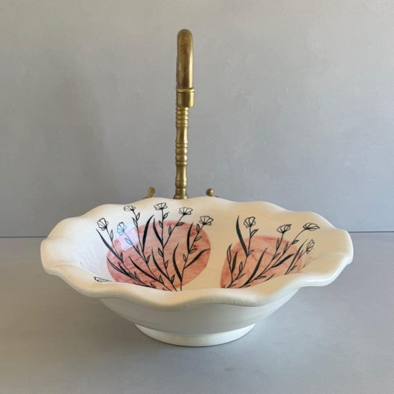 Handmade Moroccan Ceramic Sink, Pink Floral Vessel Basin, Scalloped Bathroom Sink