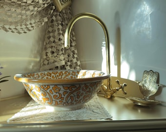 Golden Moroccan Ceramic Vessel Sink,Hand-Painted Floral Basin