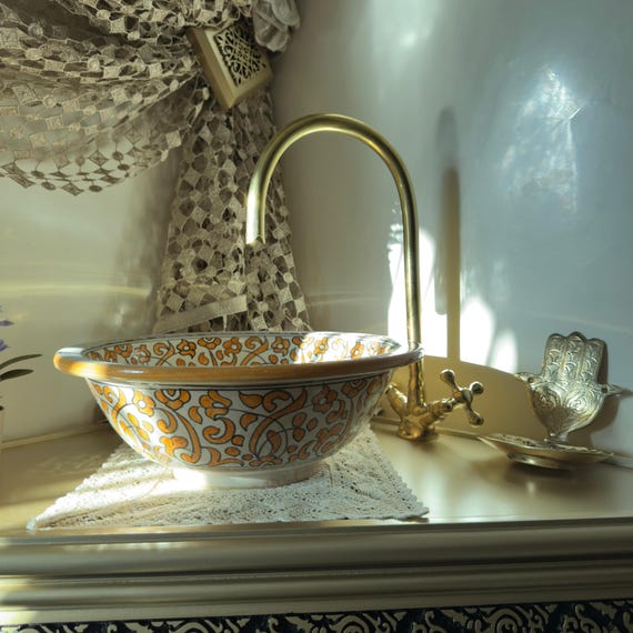 Golden Moroccan Ceramic Vessel Sink,Hand-Painted Floral Basin