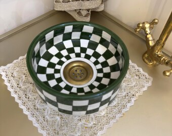 Handcrafted Ceramic Bathroom Basin with Brass Drain: Green & White Checkerboard Moroccan Vessel Sink