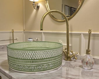 Hand-Painted Green Ceramic Washbasin, Vintage Vessel Sink Vanity, Organic Antique Waschbecken. Free Gift