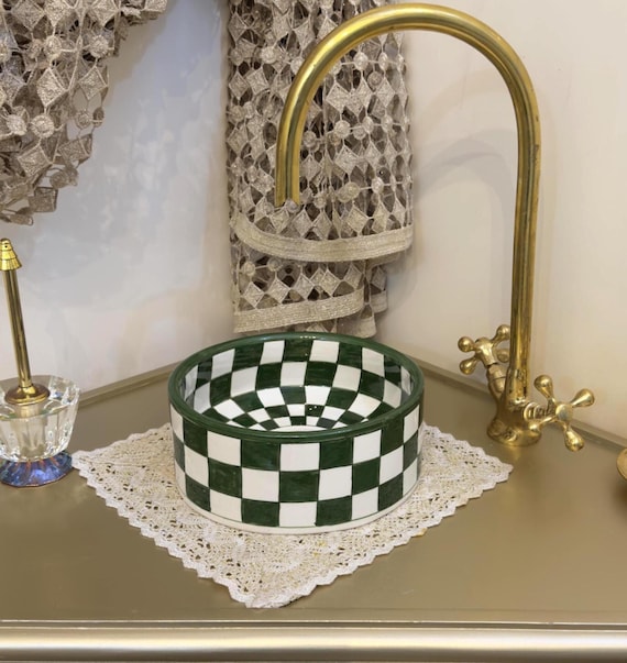Handcrafted Ceramic Bathroom Basin with Brass Drain: Green & White Checkerboard Moroccan Vessel Sink