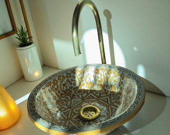 Handmade Moroccan Ceramic Sink, Golden Hand-Painted Basin