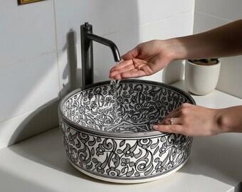Gray Hand Painted Moroccan Round Ceramic Sink, Antique Organic Waschbecken, Single Bowl Vessel Sink