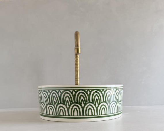 Moroccan Ceramic Vessel Sink, Hand-Painted Green Geometric Bathroom Basin, Unique Bathroom Decor
