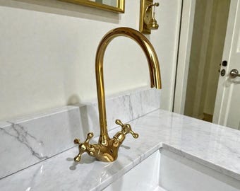 Handcrafted Unlacquered Brass Bathroom Faucet, Vintage Style Double Handle Tap