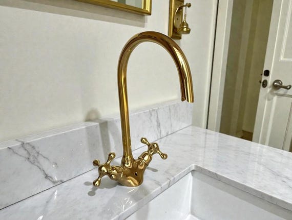 Handcrafted Unlacquered Brass Bathroom Faucet, Vintage Style Double Handle Tap