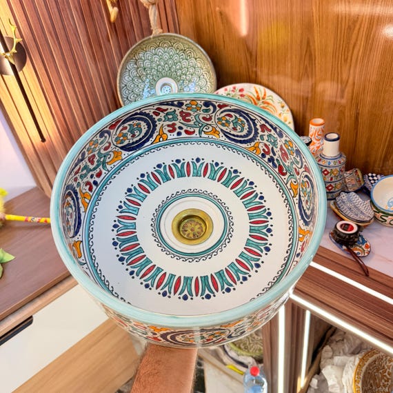 Moroccan Hand-Painted Ceramic Sink – Colorful Floral Mandala Basin