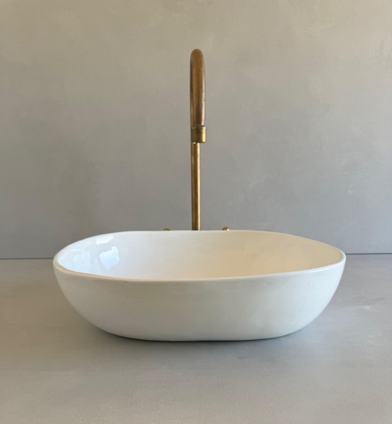 Handmade White Ceramic Vessel Sink, Oval Moroccan Pottery Basin, Artisan Bathroom Sink