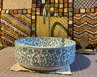 Moroccan Turquoise-Green Ceramic Vessel Sink, Handmade Bathroom Art Piece