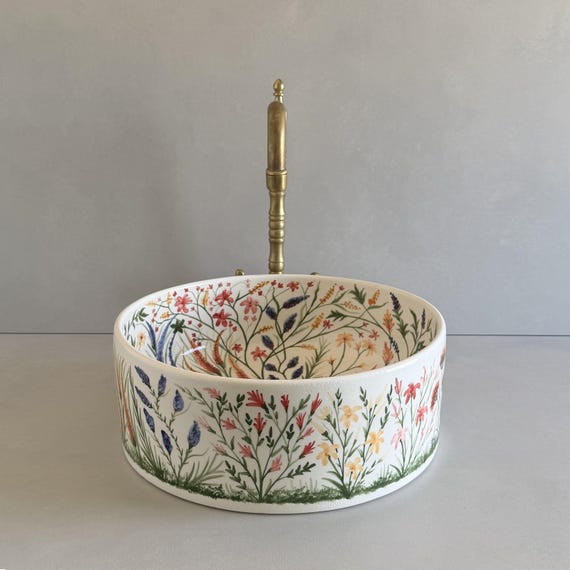 Hand-Painted Floral Ceramic Vessel Sink, Moroccan Botanical Bathroom Basin